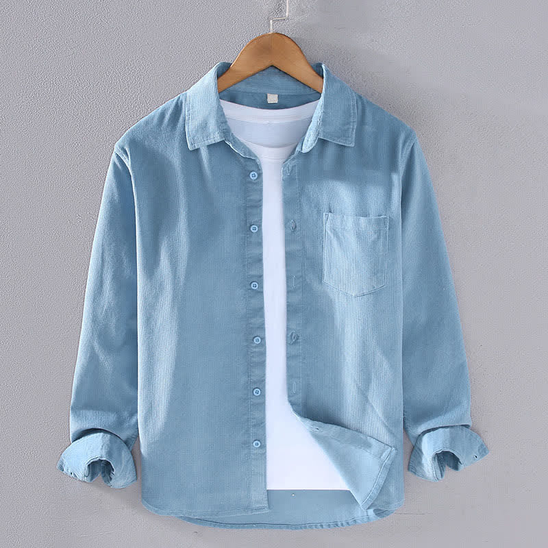 Buddha Stones Camicia da uomo a maniche lunghe in cotone tinta unita, casual, autunno/inverno, con tasca applicata. - Blu acciaio chiaro - US/UK/AU44, EU54 (4XL) - image 7