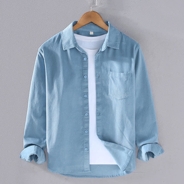 Buddha Stones Camicia da uomo a maniche lunghe in cotone tinta unita, casual, autunno/inverno, con tasca applicata. - Blu acciaio chiaro - US/UK/AU44, EU54 (4XL) - image 7