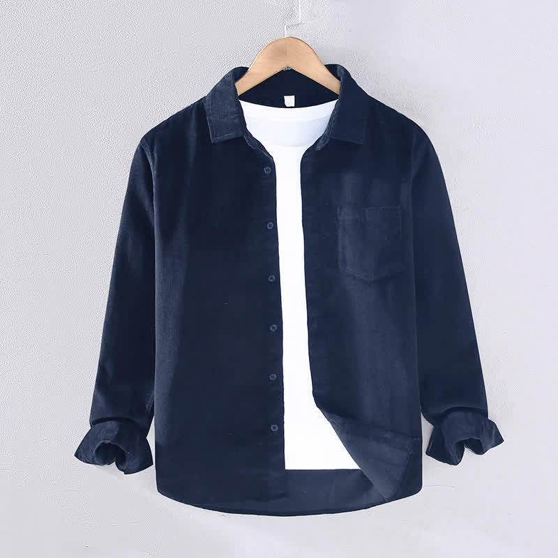 Buddha Stones Camicia da uomo a maniche lunghe in cotone tinta unita, casual, autunno/inverno, con tasca applicata. - Blu mezzanotte - US/UK/AU44, EU54 (4XL) - image 1