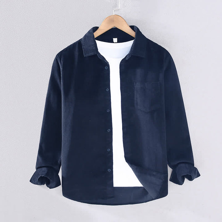 Buddha Stones Camicia da uomo a maniche lunghe in cotone tinta unita, casual, autunno/inverno, con tasca applicata. - Blu mezzanotte - US/UK/AU44, EU54 (4XL) - image 1