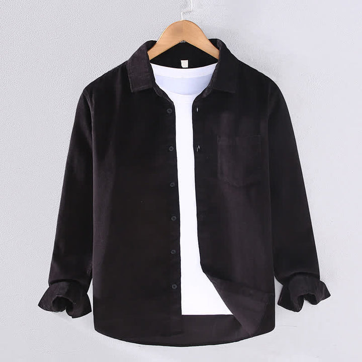 Buddha Stones Camicia da uomo a maniche lunghe in cotone tinta unita, casual, autunno/inverno, con tasca applicata. - Nero - US/UK/AU44, EU54 (4XL) - image 3