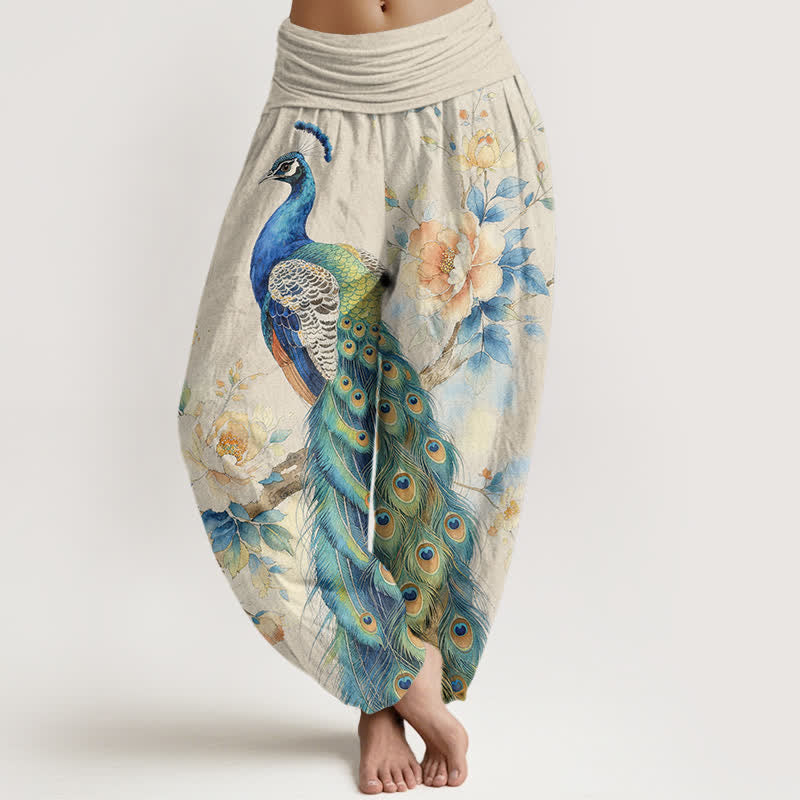 Buddha Stones Pantaloni harem da donna in cotone con fantasia floreale a pavone e vita elasticizzata. - Avorio - US16, UK/AU20, EU48 (3XL) - image 0