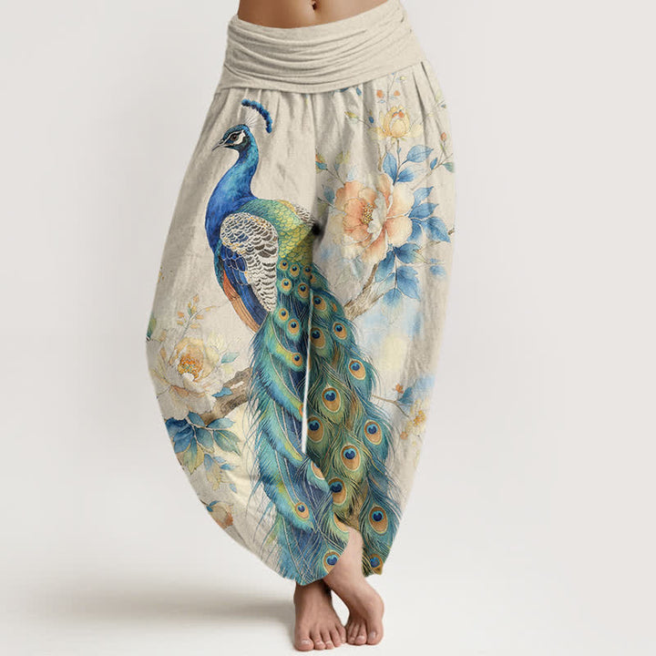 Buddha Stones Pantaloni harem da donna in cotone con fantasia floreale a pavone e vita elasticizzata. - Avorio - US16, UK/AU20, EU48 (3XL) - image 0