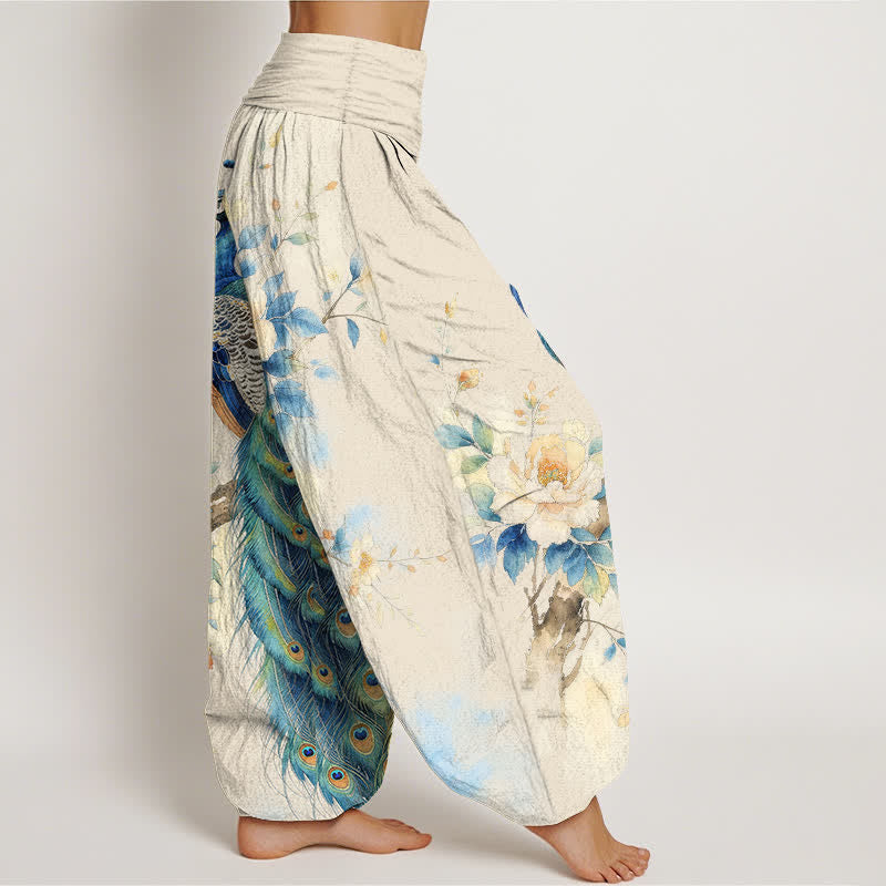 Buddha Stones Pantaloni harem da donna in cotone con fantasia floreale a pavone e vita elasticizzata. - image 1