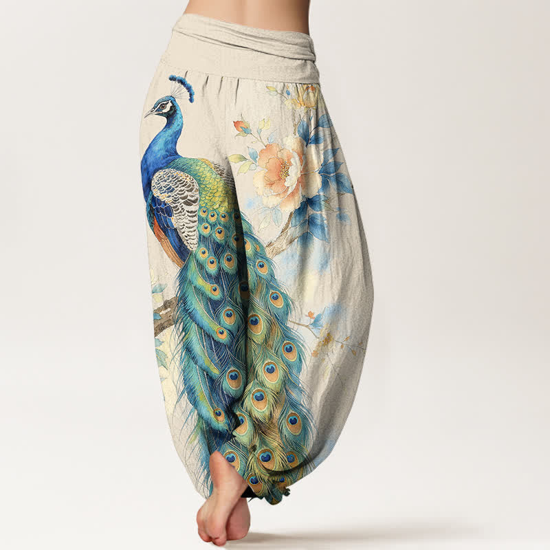 Buddha Stones Pantaloni harem da donna in cotone con fantasia floreale a pavone e vita elasticizzata. - image 2