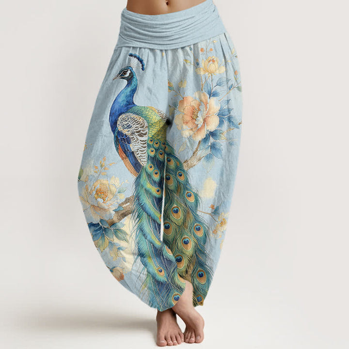 Buddha Stones Pantaloni harem da donna in cotone con fantasia floreale a pavone e vita elasticizzata. - Azzurro polvere - US16, UK/AU20, EU48 (3XL) - image 5