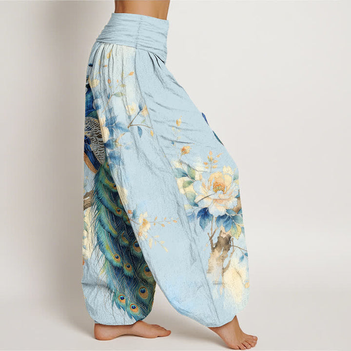 Buddha Stones Pantaloni harem da donna in cotone con fantasia floreale a pavone e vita elasticizzata. - image 6
