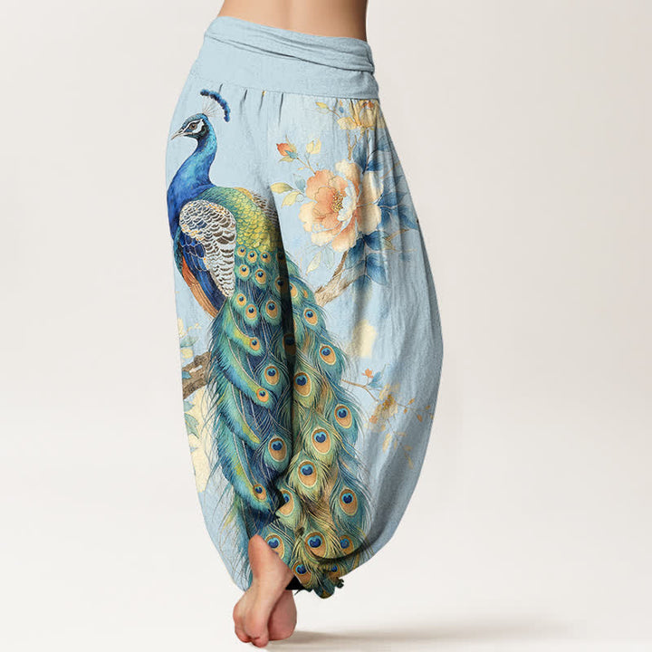 Buddha Stones Pantaloni harem da donna in cotone con fantasia floreale a pavone e vita elasticizzata. - image 7