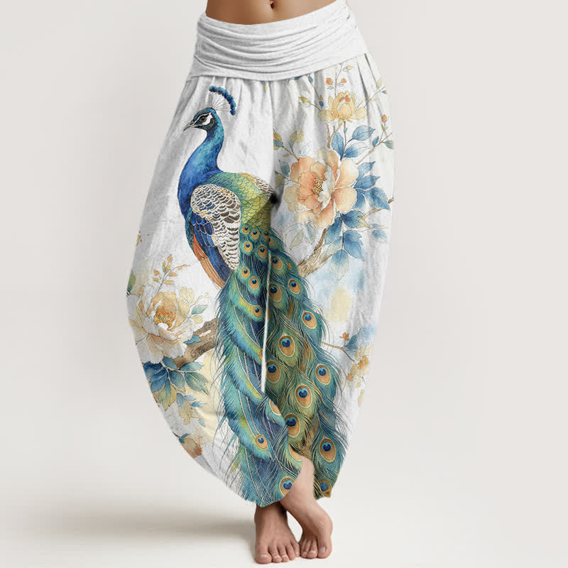 Buddha Stones Pantaloni harem da donna in cotone con fantasia floreale a pavone e vita elasticizzata. - Bianco - US16, UK/AU20, EU48 (3XL) - image 8
