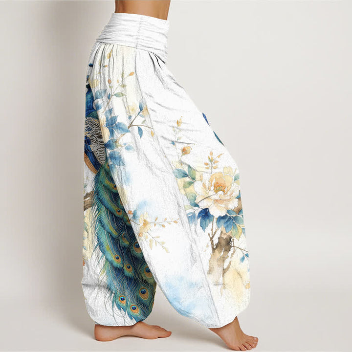 Buddha Stones Pantaloni harem da donna in cotone con fantasia floreale a pavone e vita elasticizzata. - image 9