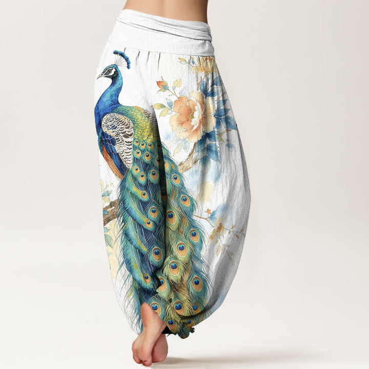 Buddha Stones Pantaloni harem da donna in cotone con fantasia floreale a pavone e vita elasticizzata. - image 10