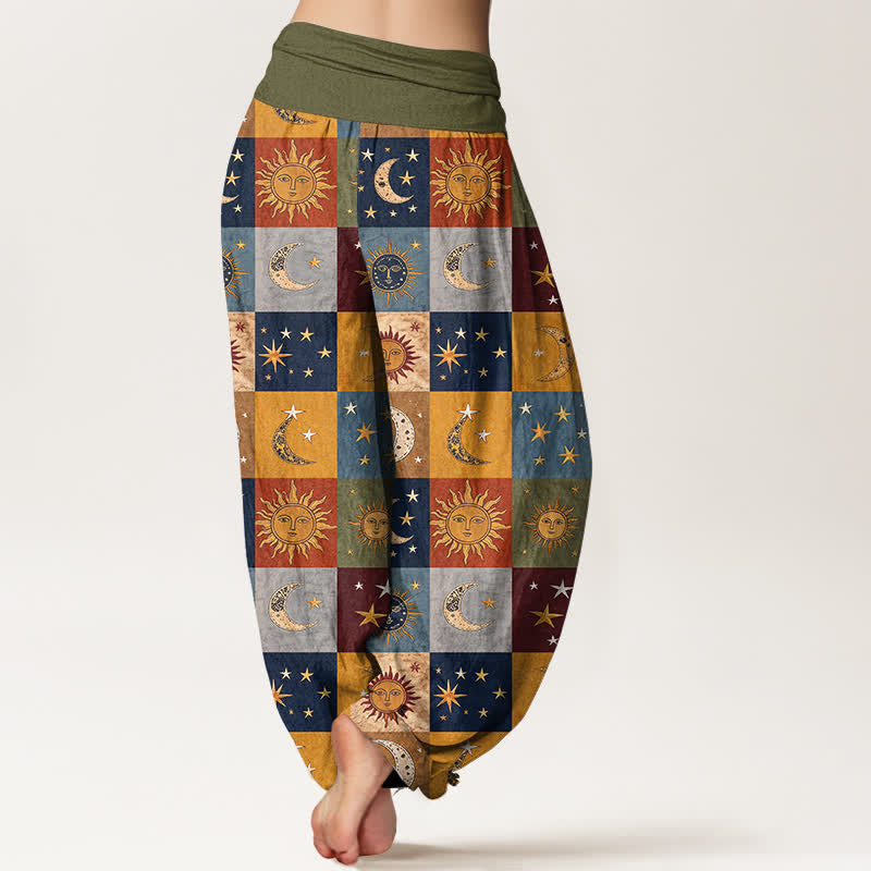 Buddha Stones Pantaloni harem da donna in cotone con motivo patchwork sole e luna e vita elasticizzata - image 2