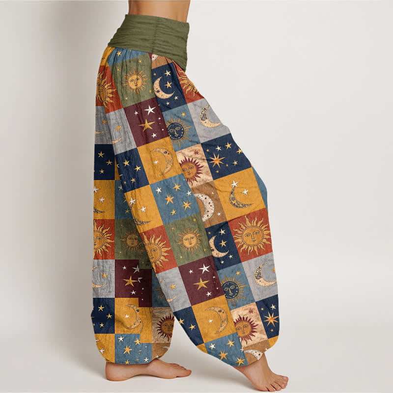Buddha Stones Pantaloni harem da donna in cotone con motivo patchwork sole e luna e vita elasticizzata - image 1