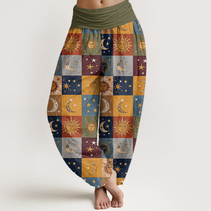 Buddha Stones Pantaloni harem da donna in cotone con motivo patchwork sole e luna e vita elasticizzata - Oliva - US16, UK/AU20, EU48 (3XL) - image 0