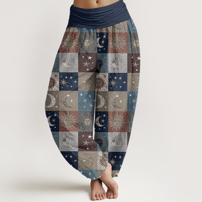 Buddha Stones Pantaloni harem da donna in cotone con motivo patchwork sole e luna e vita elasticizzata - Marina - US16, UK/AU20, EU48 (3XL) - image 5