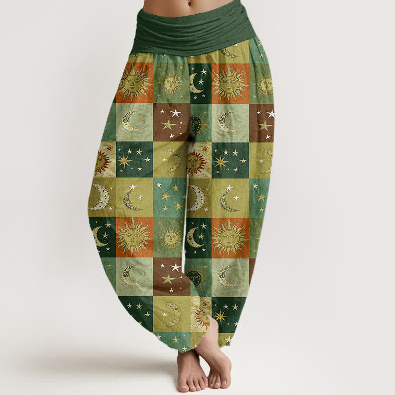 Buddha Stones Pantaloni harem da donna in cotone con motivo patchwork sole e luna e vita elasticizzata - Verde mare - US16, UK/AU20, EU48 (3XL) - image 8