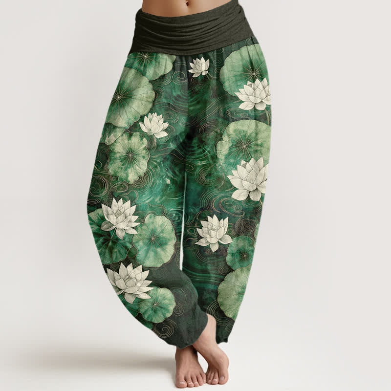 Buddha Stones Pantaloni harem da donna in cotone con motivo a laghetto di loto e vita elasticizzata - Verde mare - US16, UK/AU20, EU48 (3XL) - image 0