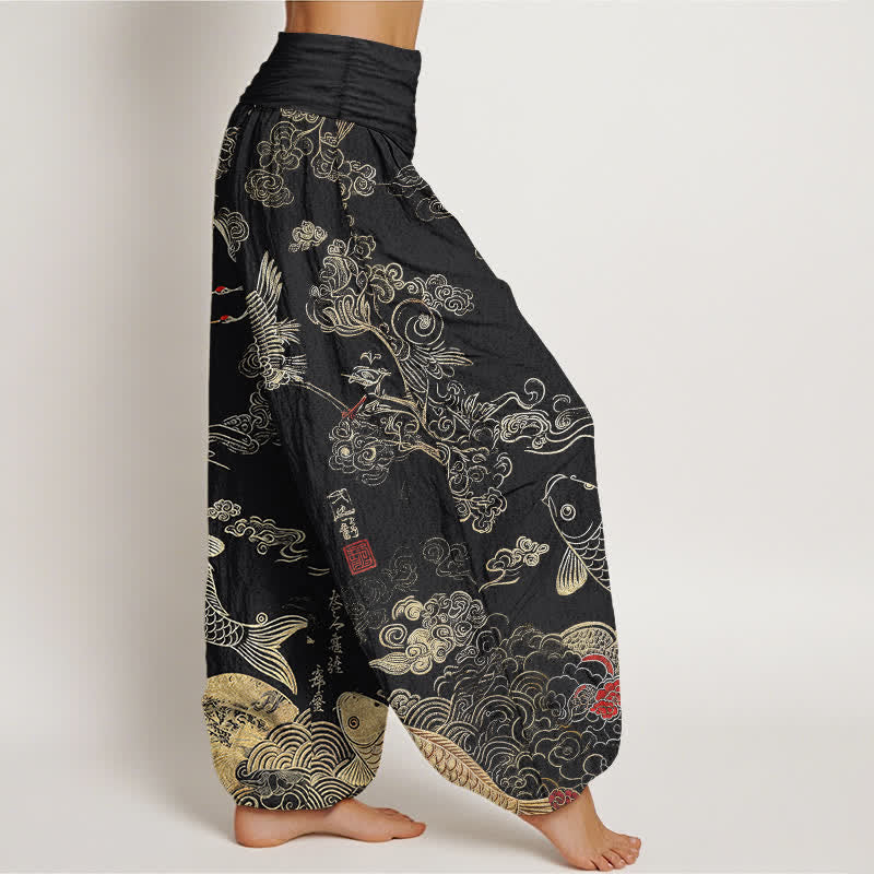 Buddha Stones Pantaloni harem da donna in cotone con motivo a gru, carpe koi e nuvole, con elastico in vita. - image 1