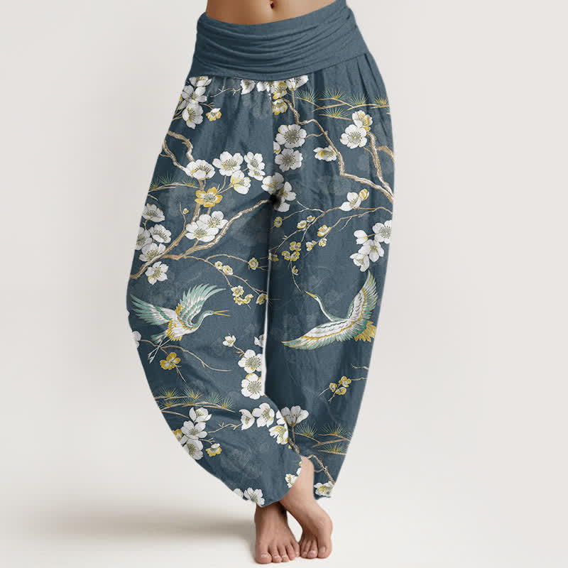 Buddha Stones Pantaloni harem da donna in cotone con motivo a gru e fiori bianchi, vita elasticizzata - Cadetto Blu - US16, UK/AU20, EU48 (3XL) - image 0