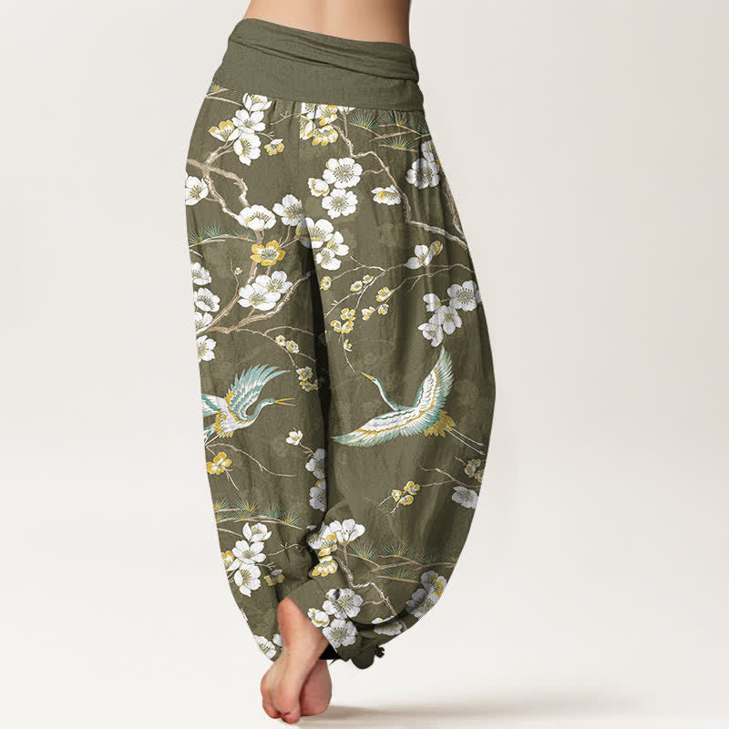 Buddha Stones Pantaloni harem da donna in cotone con motivo a gru e fiori bianchi, vita elasticizzata - image 7