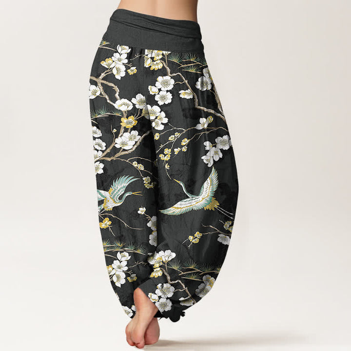 Buddha Stones Pantaloni harem da donna in cotone con motivo a gru e fiori bianchi, vita elasticizzata - image 10