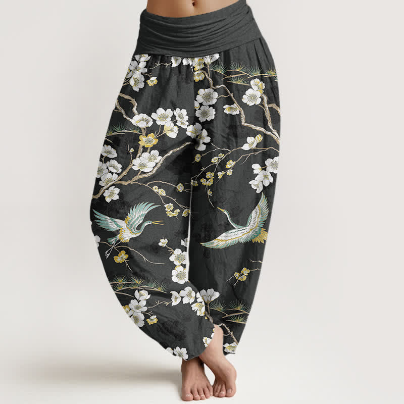 Buddha Stones Pantaloni harem da donna in cotone con motivo a gru e fiori bianchi, vita elasticizzata - Nero - US16, UK/AU20, EU48 (3XL) - image 8