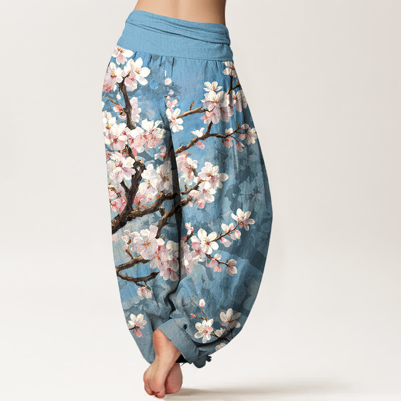 Buddha Stones Pantaloni harem da donna in cotone con motivo a rami di ciliegio in fiore e vita elasticizzata. - image 2