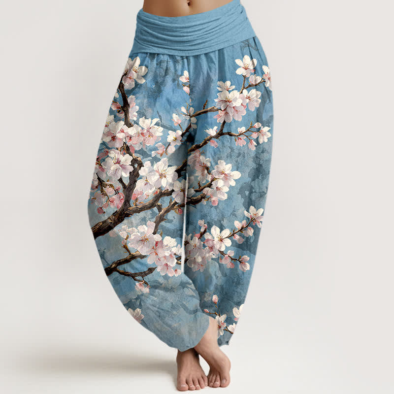 Buddha Stones Pantaloni harem da donna in cotone con motivo a rami di ciliegio in fiore e vita elasticizzata. - Azzurro chiaro - US16, UK/AU20, EU48 (3XL) - image 0