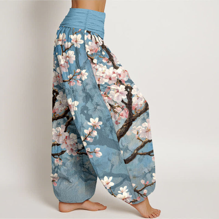 Buddha Stones Pantaloni harem da donna in cotone con motivo a rami di ciliegio in fiore e vita elasticizzata. - image 1