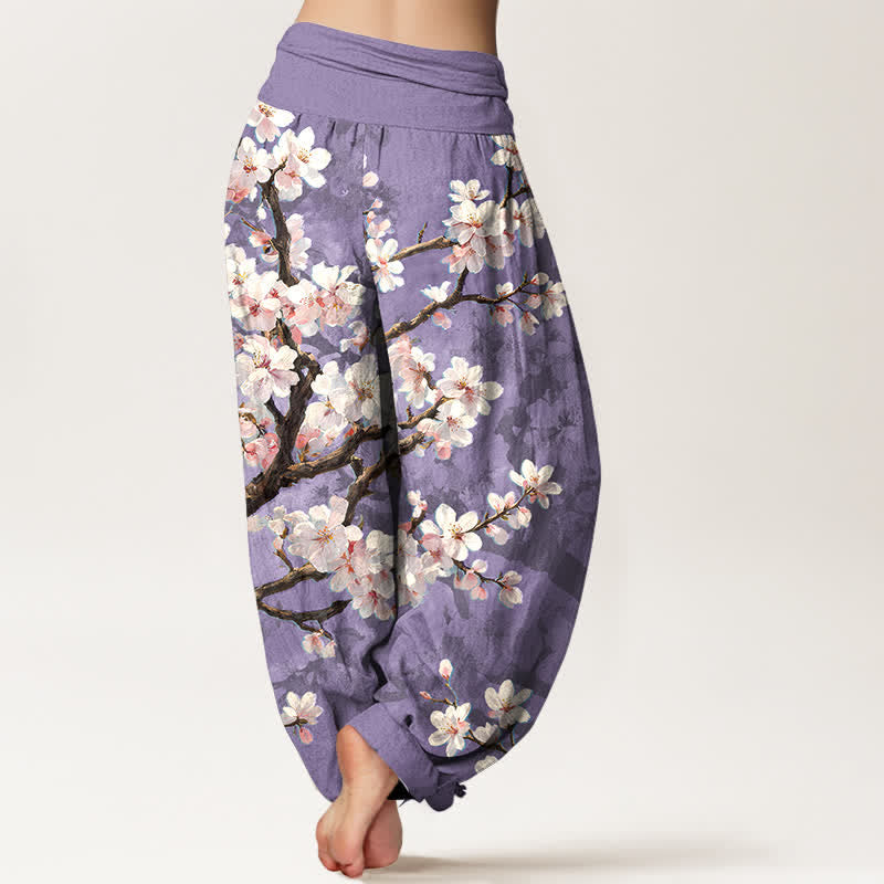 Buddha Stones Pantaloni harem da donna in cotone con motivo a rami di ciliegio in fiore e vita elasticizzata. - image 7