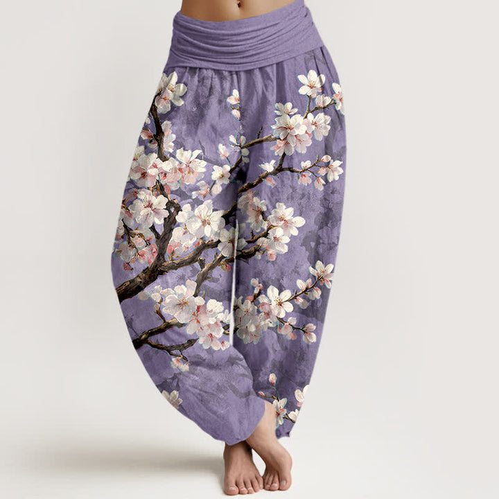 Buddha Stones Pantaloni harem da donna in cotone con motivo a rami di ciliegio in fiore e vita elasticizzata. - Lavanda - US16, UK/AU20, EU48 (3XL) - image 5