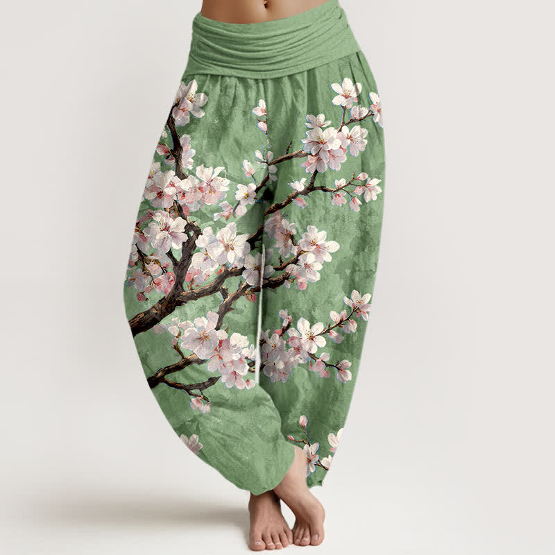 Buddha Stones Pantaloni harem da donna in cotone con motivo a rami di ciliegio in fiore e vita elasticizzata. - Verde chiaro - US16, UK/AU20, EU48 (3XL) - image 8