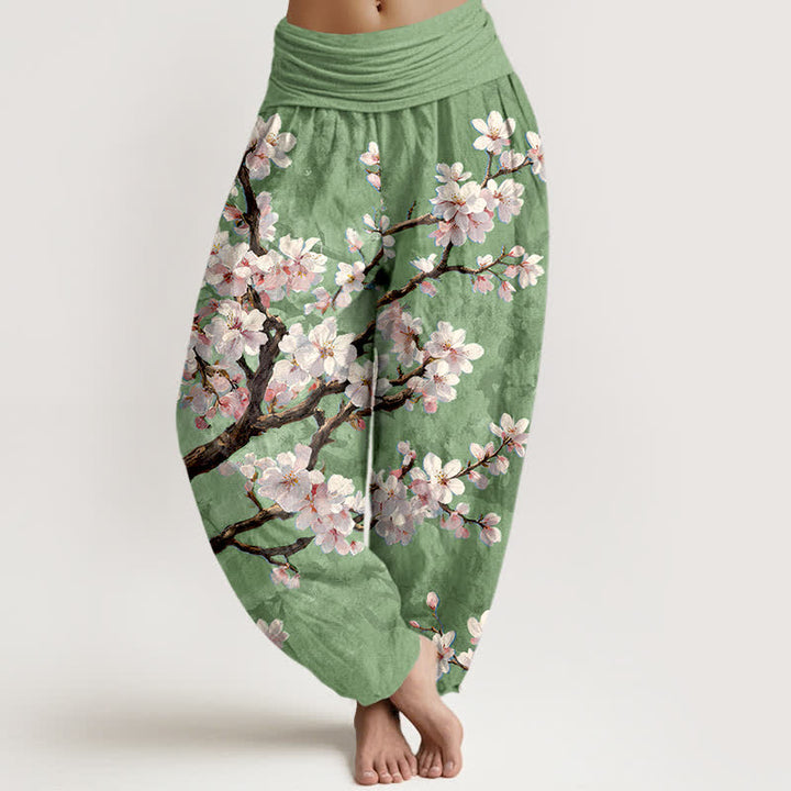 Buddha Stones Pantaloni harem da donna in cotone con motivo a rami di ciliegio in fiore e vita elasticizzata. - Verde chiaro - US16, UK/AU20, EU48 (3XL) - image 8