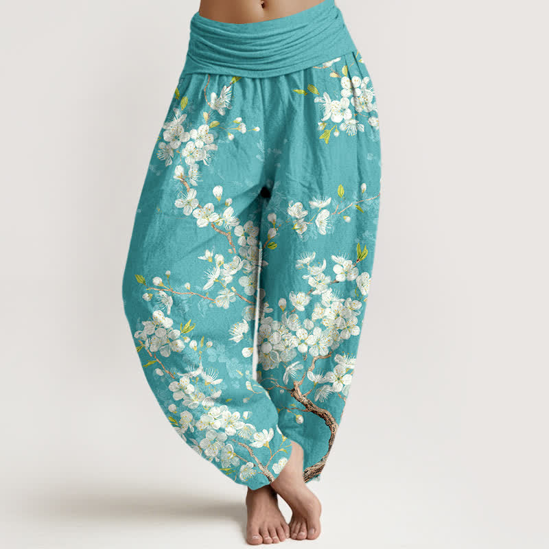 Buddha Stones Pantaloni harem da donna in cotone con motivo floreale e elastico in vita. - Turchese - US16, UK/AU20, EU48 (3XL) - image 0