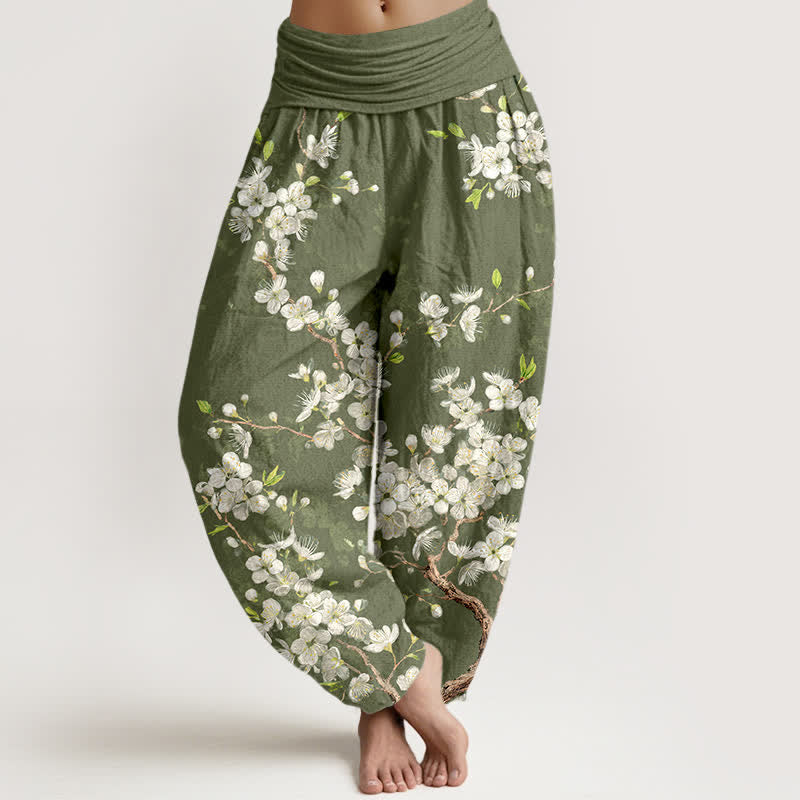 Buddha Stones Pantaloni harem da donna in cotone con motivo floreale e elastico in vita. - Verde oliva - US16, UK/AU20, EU48 (3XL) - image 8