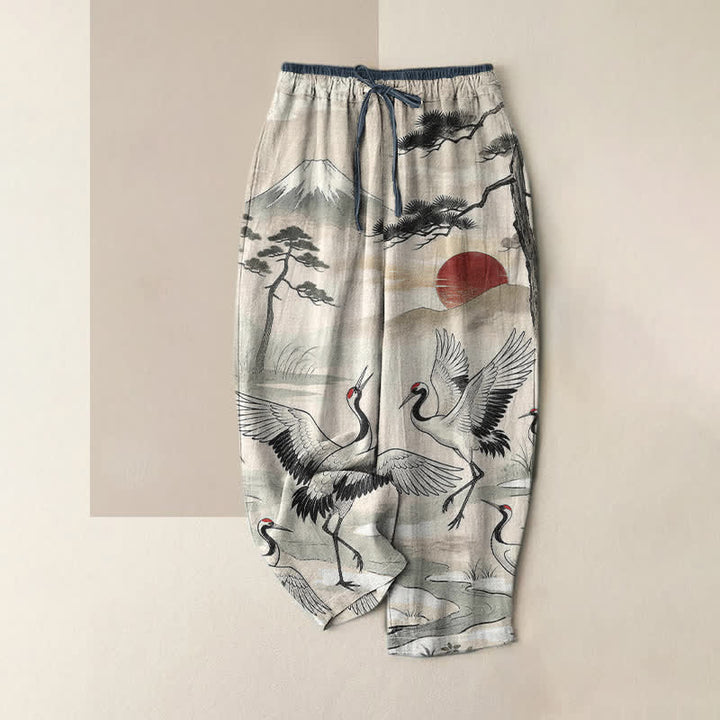 Buddha Stones Pantaloni da donna in puro cotone con elastico in vita e tasche, fantasia paesaggio con gru. - Avorio - US16, UK/AU20, EU48 (3XL) - image 0