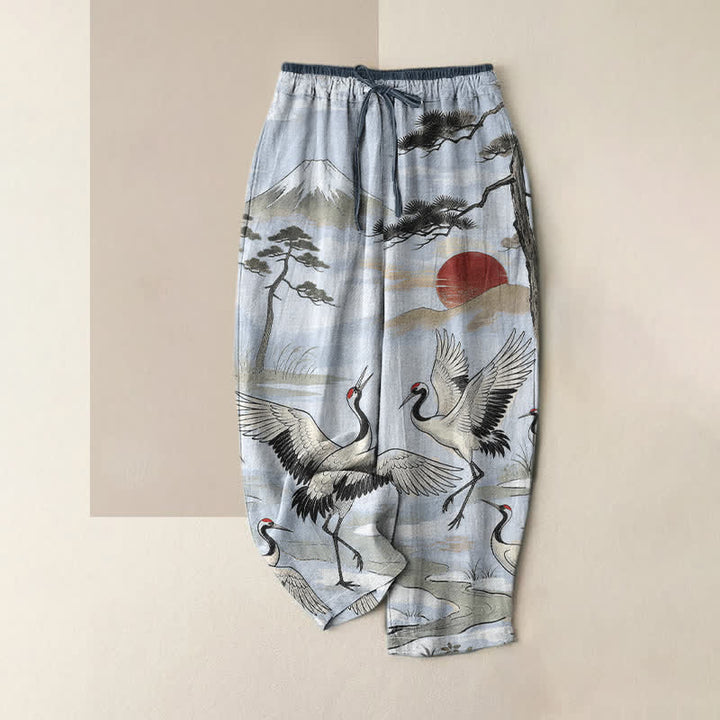 Buddha Stones Pantaloni da donna in puro cotone con elastico in vita e tasche, fantasia paesaggio con gru. - Azzurro polvere - US16, UK/AU20, EU48 (3XL) - image 3