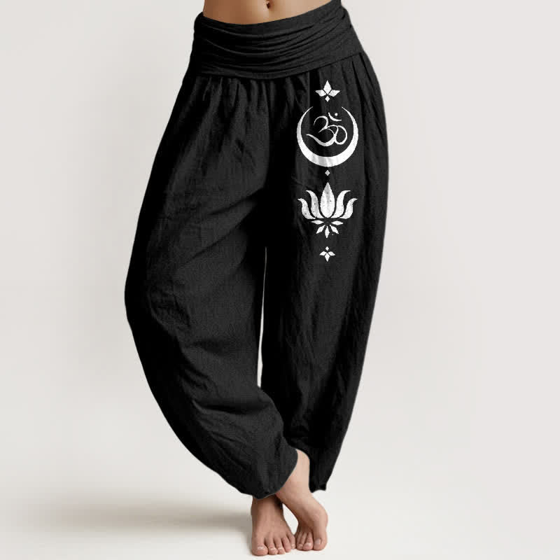 Buddha Stones Pantaloni harem da donna in puro cotone con motivo Om Lotus Moon e vita elasticizzata - Nero - US16, UK/AU20, EU48 (3XL) - image 0