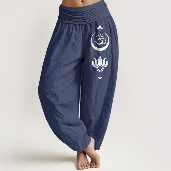 Buddha Stones Pantaloni harem da donna in puro cotone con motivo Om Lotus Moon e vita elasticizzata - Blu ardesia scuro - US16, UK/AU20, EU48 (3XL) - image 5