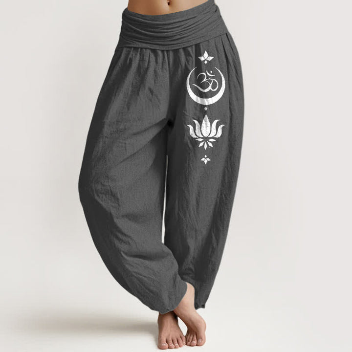 Buddha Stones Pantaloni harem da donna in puro cotone con motivo Om Lotus Moon e vita elasticizzata - Grigio tenue - US16, UK/AU20, EU48 (3XL) - image 8