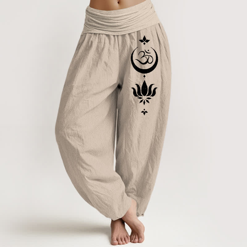 Buddha Stones Pantaloni harem da donna in puro cotone con motivo Om Lotus Moon e vita elasticizzata - Tan - US16, UK/AU20, EU48 (3XL) - image 11