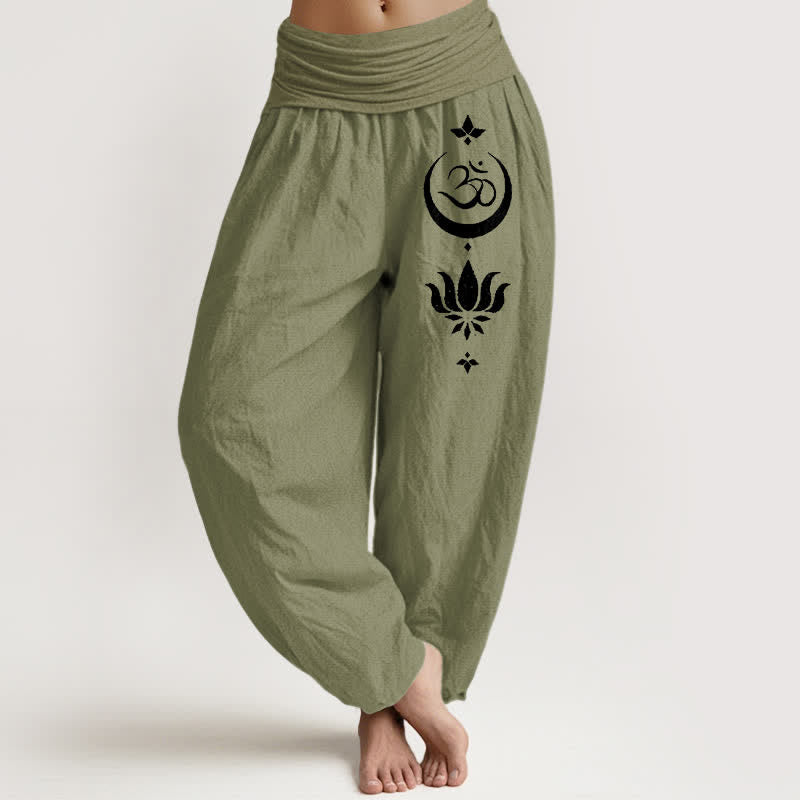 Buddha Stones Pantaloni harem da donna in puro cotone con motivo Om Lotus Moon e vita elasticizzata - Verde oliva - US16, UK/AU20, EU48 (3XL) - image 14