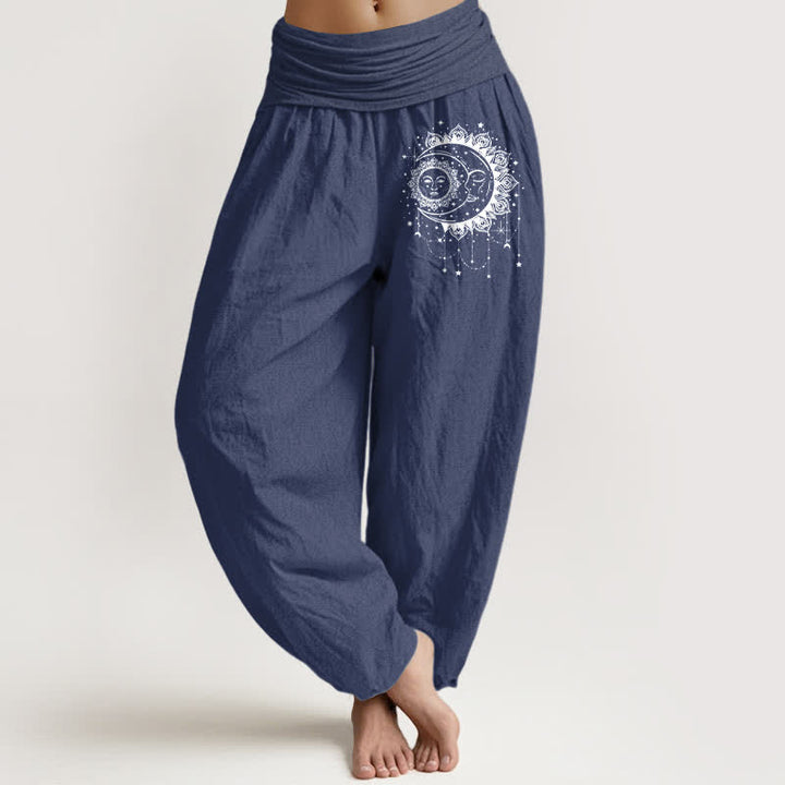 Buddha Stones Pantaloni harem da donna in puro cotone con motivo celeste sole e luna, vita elasticizzata. - Blu ardesia scuro - US16, UK/AU20, EU48 (3XL) - image 8