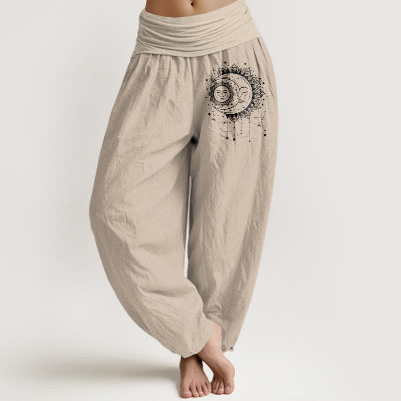 Buddha Stones Pantaloni harem da donna in puro cotone con motivo celeste sole e luna, vita elasticizzata. - Tan - US16, UK/AU20, EU48 (3XL) - image 11
