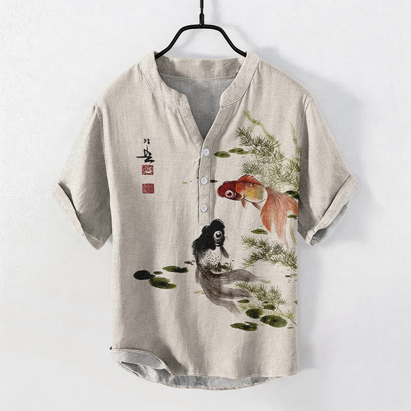Buddha Stones Camicia da uomo a maniche corte con mezza abbottonatura e motivo a foglie di loto e carpe koi in cotone. - Beige - US/UK/AU50, EU60 (5XL) - image 0