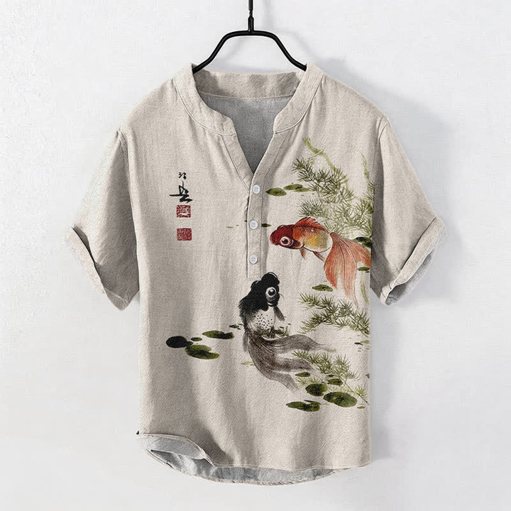 Buddha Stones Camicia da uomo a maniche corte con mezza abbottonatura e motivo a foglie di loto e carpe koi in cotone. - Beige - US/UK/AU50, EU60 (5XL) - image 0
