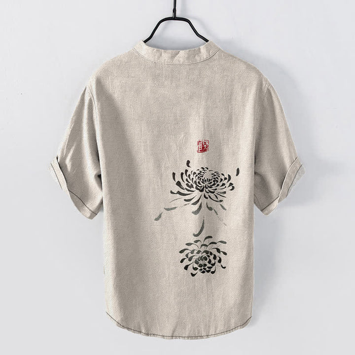 Buddha Stones Camicia da uomo a maniche corte con mezzo bottone, stampata su cotone e con motivo a crisantemi e foche. - image 1