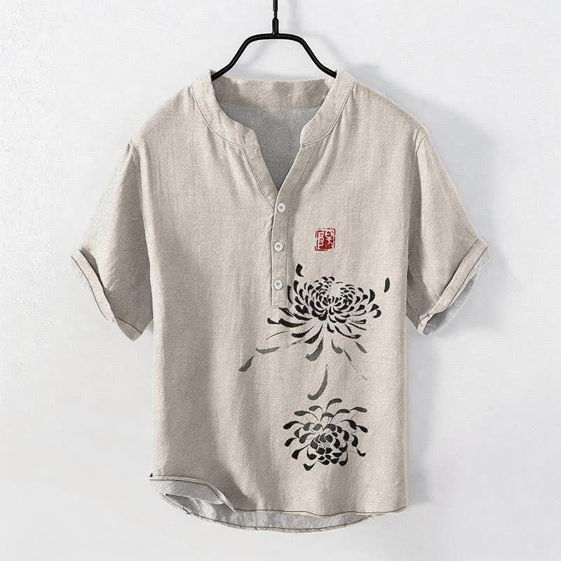 Buddha Stones Camicia da uomo a maniche corte con mezzo bottone, stampata su cotone e con motivo a crisantemi e foche. - Biancheria - US/UK/AU50, EU60 (5XL) - image 0
