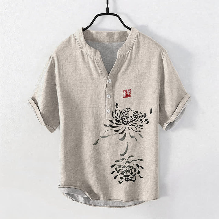 Buddha Stones Camicia da uomo a maniche corte con mezzo bottone, stampata su cotone e con motivo a crisantemi e foche. - Biancheria - US/UK/AU50, EU60 (5XL) - image 0