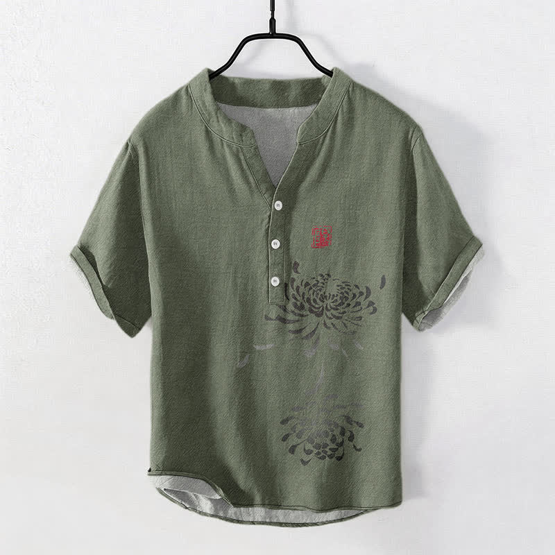 Buddha Stones Camicia da uomo a maniche corte con mezzo bottone, stampata su cotone e con motivo a crisantemi e foche. - Verde oliva scuro - US/UK/AU50, EU60 (5XL) - image 5